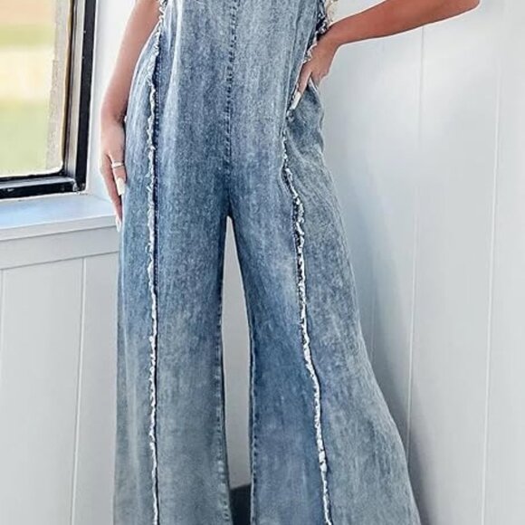 Frayed Wide Leg Adjustable Strap Overalls - Picture 3 of 3